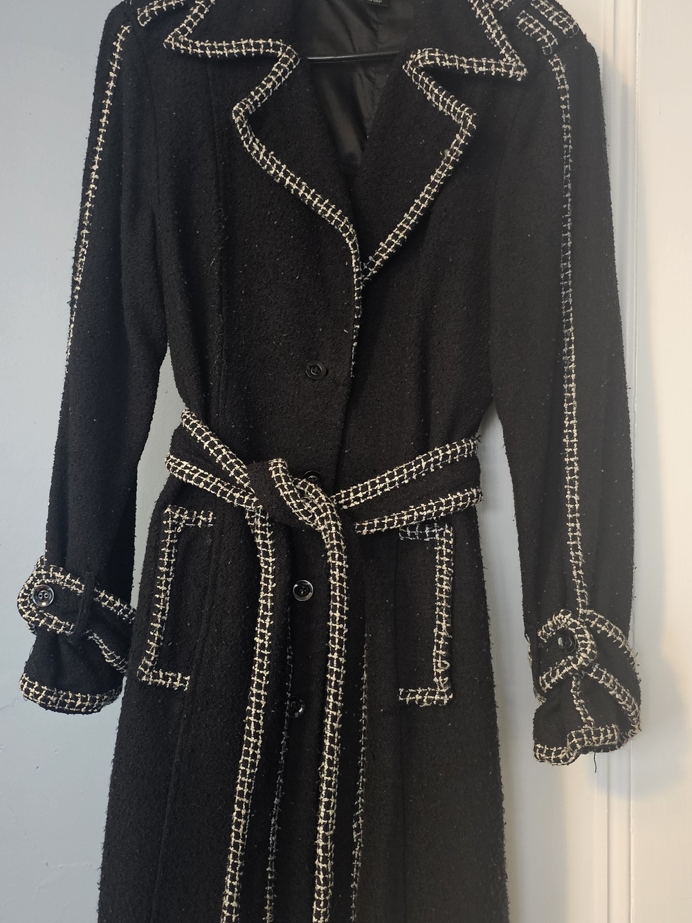 Anne Carson Black Trench Coat with White Trim